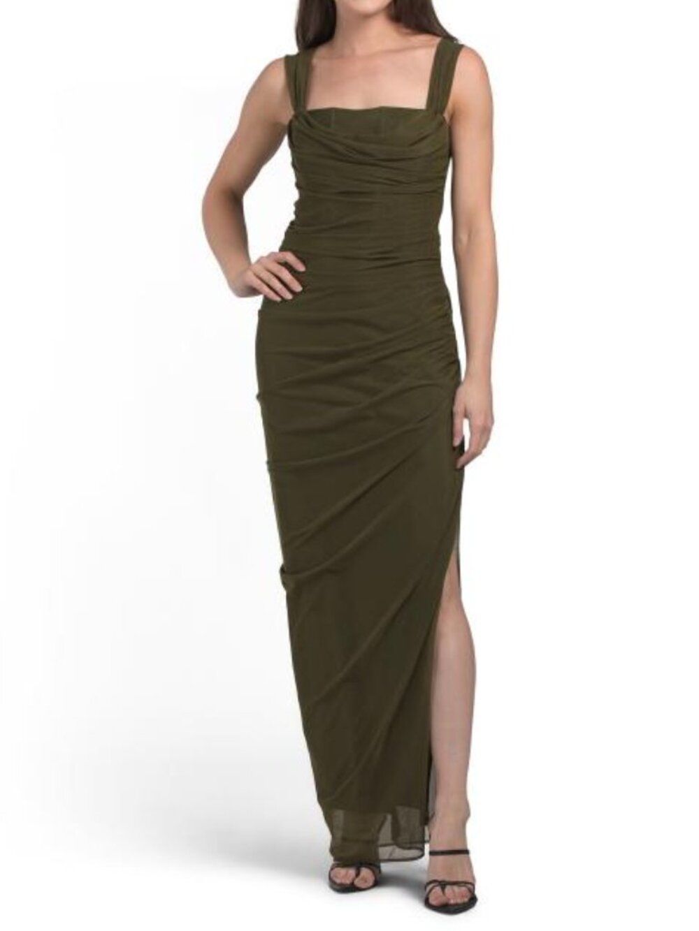 BETSY & ADAM Mesh Ruched Gown
